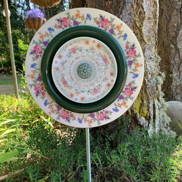 Handmade Floral and Green Glass Plate Flower Decorative Addition to Your Yard